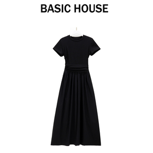 Basic House/百家好法式黑色连衣裙女夏季高级感气质显瘦绝美裙子