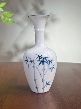 白瓷手绘竹子小花瓶陶瓷家居客厅装饰花插禅意新中式文艺复古摆件