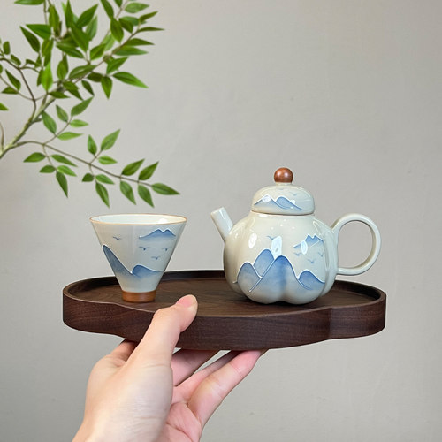 草木灰手绘远山一壶一杯陶瓷家用功夫茶具套组釉下彩茶壶一人饮