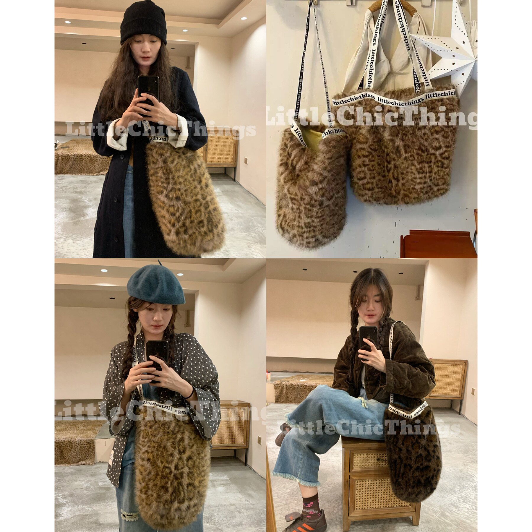 LittleChicThings软糯质感豹纹字母织带单肩斜挎包通勤上课托特包