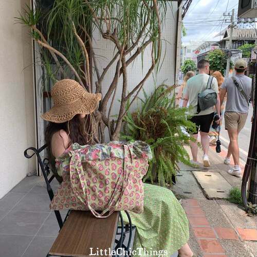 粉绿复古佩斯利纹褶皱花边单肩包