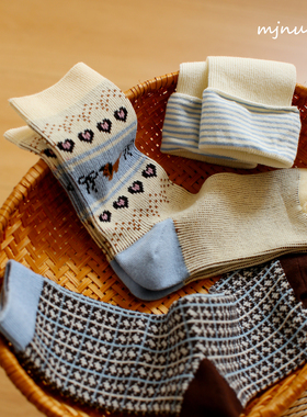 米吉诺拉“秋冬双针韩系复古风咖蓝色系女吸湿纯棉不起球中筒袜子