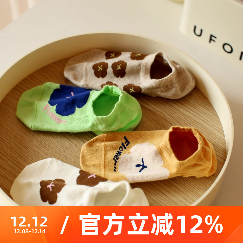 无骨缝合夏季韩版女可爱泫雅风花朵ins浅口低帮袜子纯棉透气船袜