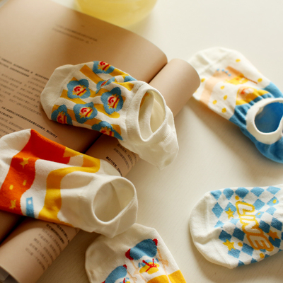 无骨缝合夏季原创ins潮涂鸦彩绘浅口隐形袜薄款防脱落纯棉船袜女