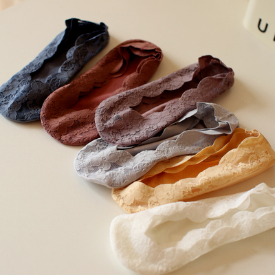 春夏季纯色薄款隐形不掉跟纯棉底袜子女蕾丝提花防滑低帮浅口船袜