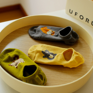 简约少女卡通猫猫女袜防滑不掉跟低帮浅口纯棉女船袜子 米吉诺拉