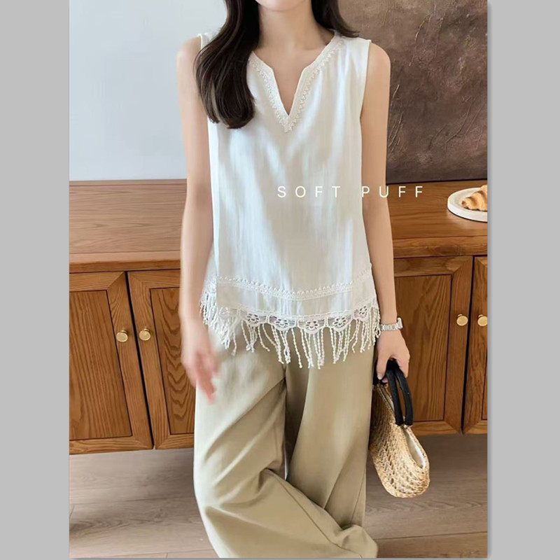 韩系温柔风V领流苏花边无袖背心女复古夏季休闲个性百搭宽松上衣
