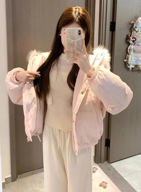 粉色气质甜美风毛领棉服外套女款冬天加厚保暖宽松显瘦面包服