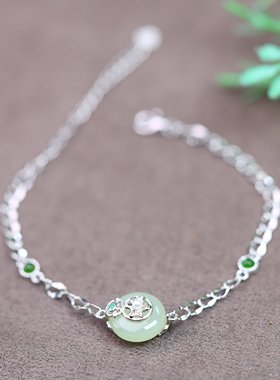 S925银镶嵌和田玉平安扣白加绿配彩锆手链