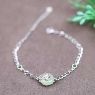 S925银镶嵌和田玉平安扣白加绿配彩锆手链