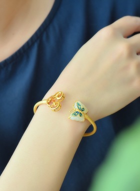 s925银镀金镶嵌新疆和田玉白玉蝴蝶琳琅手镯开口镂空女款手环手饰