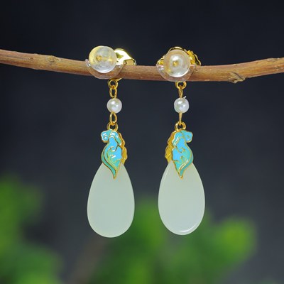 S925银镶和田玉水滴如意珐琅耳坠