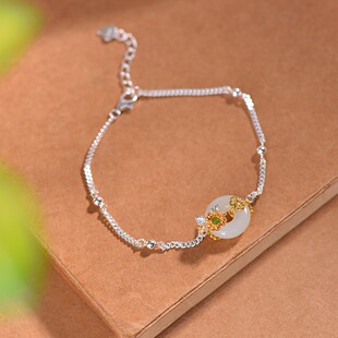 S925银镶嵌和田玉平安环白加绿配锆石手链