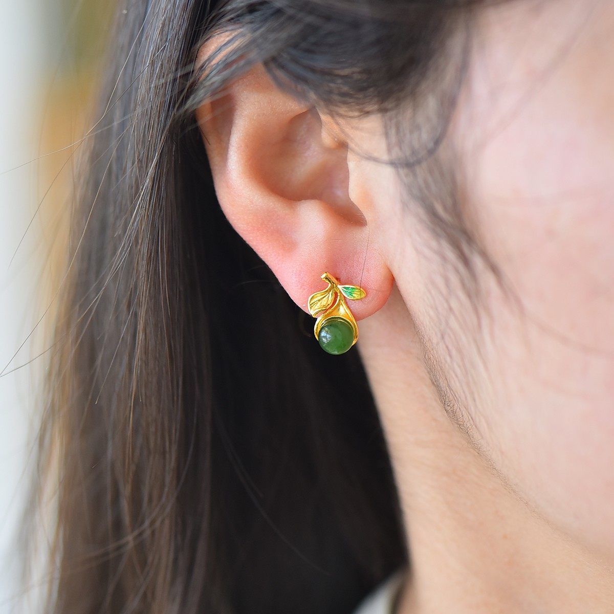 S925银镶嵌和田玉碧玉8厘珠珐琅耳钉耳饰精美小众精致高级感,珠宝/钻石/翡翠,耳饰,淘宝优惠券,粉丝福利购,淘宝优惠卷