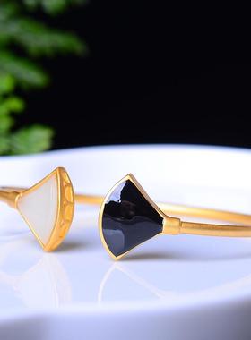 S925银镀18K金镶新疆和田玉裙形宫廷复古汉服配饰手镯女士镯礼品