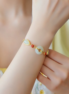 s925银镶嵌和田玉平安扣手链