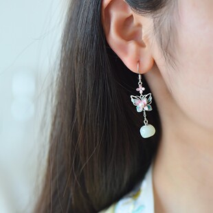 S925银镶嵌和田玉花苞珐琅蝴蝶配珍珠耳坠流苏耳环玉石耳饰7990