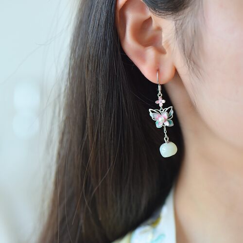 S925银镶嵌和田玉花苞珐琅蝴蝶配珍珠耳坠流苏耳环玉石耳饰7990