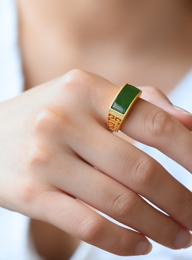 s925银镶和田玉碧玉精品戒指S925银镶碧玉戒和田碧玉女戒女款老料