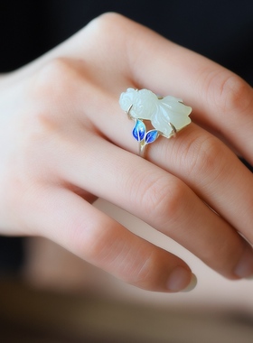 S925银镶嵌和田玉蓝珐琅年年有余戒指