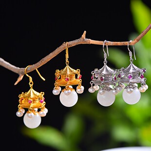 925银镶嵌和田玉亭台楼阁宫灯配多宝耳坠耳环银饰宫廷风耳钩