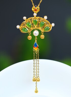 s925银镶嵌和田玉碧玉水滴珐琅流苏吊坠16146-2#