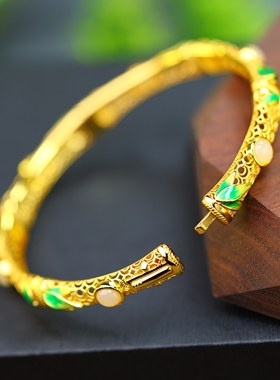 S925银镶嵌和田玉圆鼓面珐琅镂空手镯