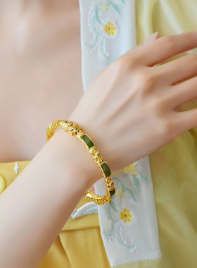 s925银镶嵌和田玉碧玉镂空多蛋面手镯多蛋面手镯吊坠珐琅彩新款