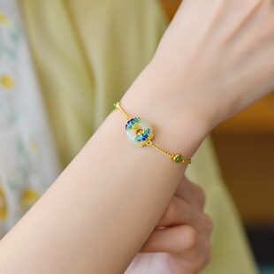 S925银镶嵌和田玉平安环白加绿珐琅祥云手链