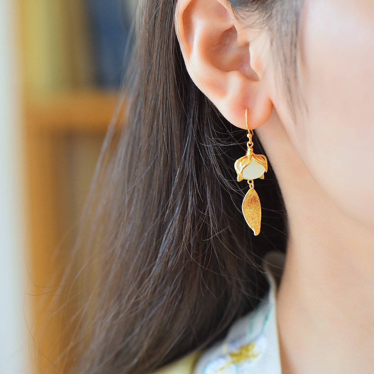 s925银镶嵌和田玉蛋面狐狸耳坠耳饰天然女款百搭天然玉石天然正品