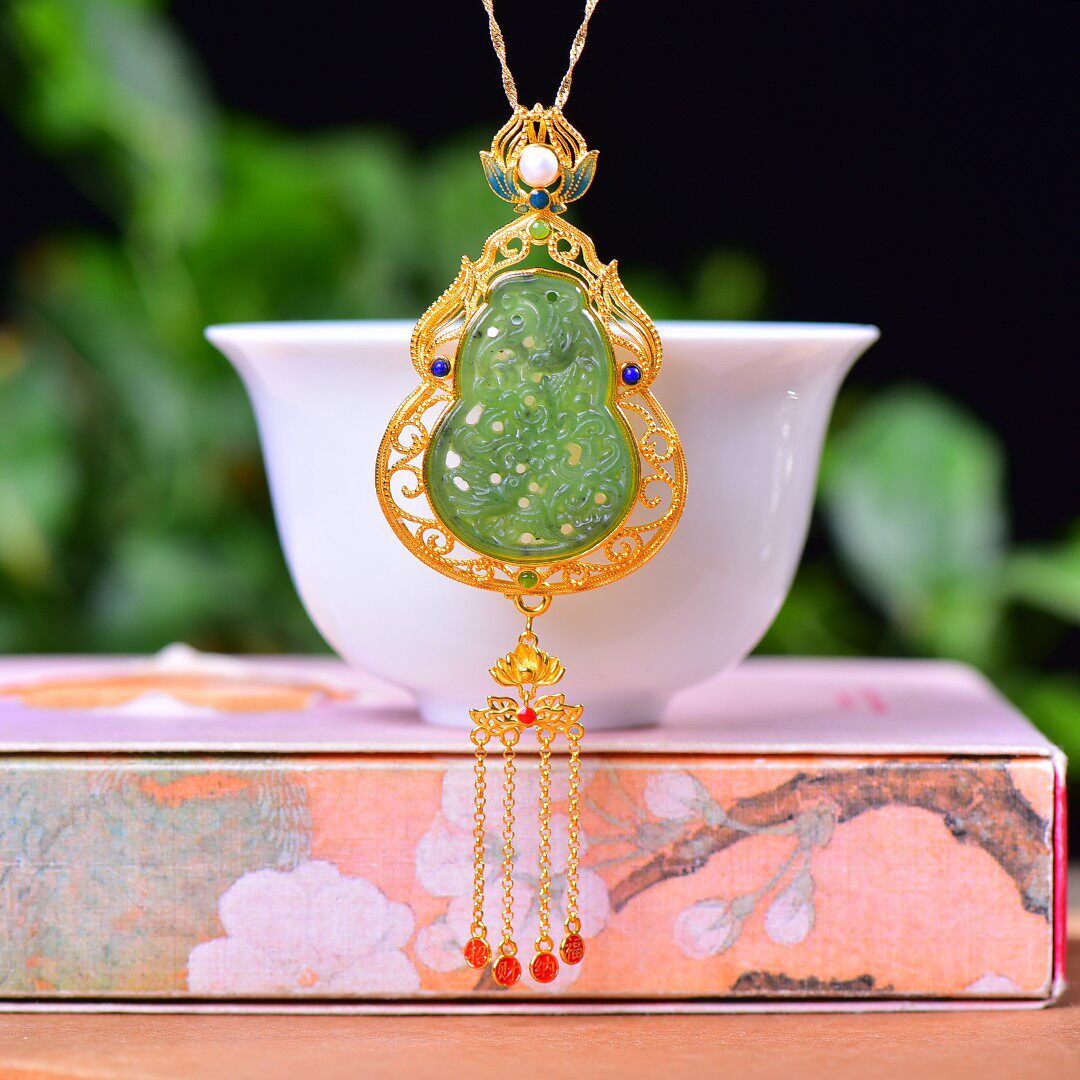 S925银镶嵌和田玉碧玉镂空花丝福禄流苏吊坠玉石吊坠挂件16087