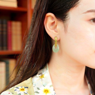 S925银镶嵌和田玉椭圆形耳扣耳坠百搭耳环高档精致女士简约5230