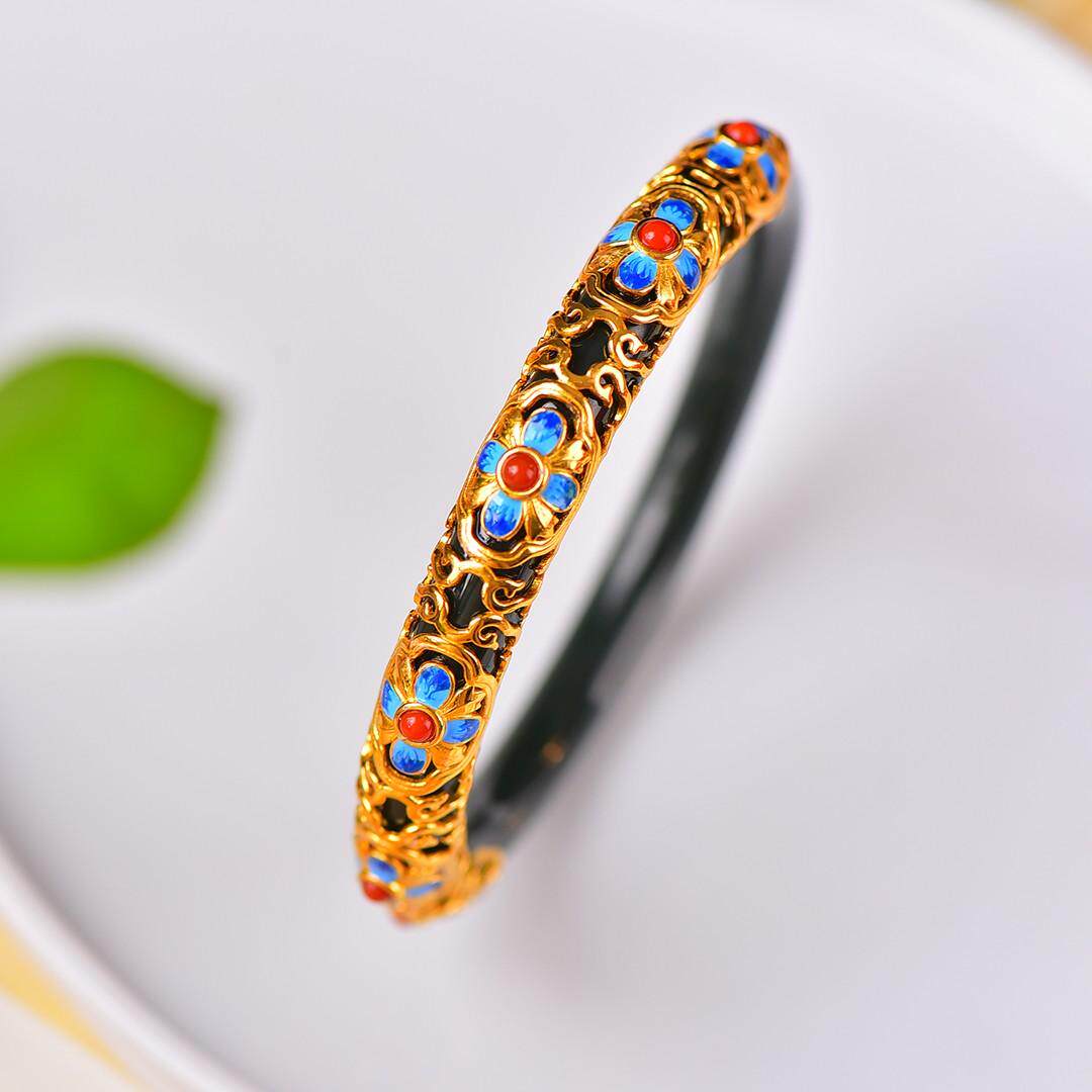 纯银镶嵌和田玉青玉珐琅花丝镂空手镯全新民族镯子金边民族风2062