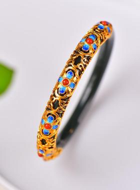 纯银镶嵌和田玉青玉珐琅花丝镂空手镯全新民族风植物花卉女镯子