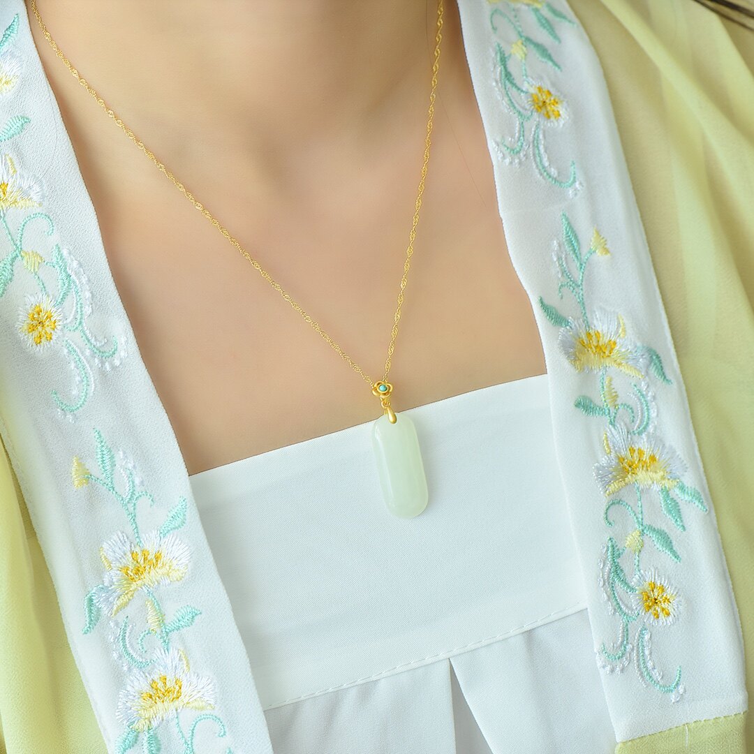 古法银镶嵌和田玉平安牌配绿松吊坠6150