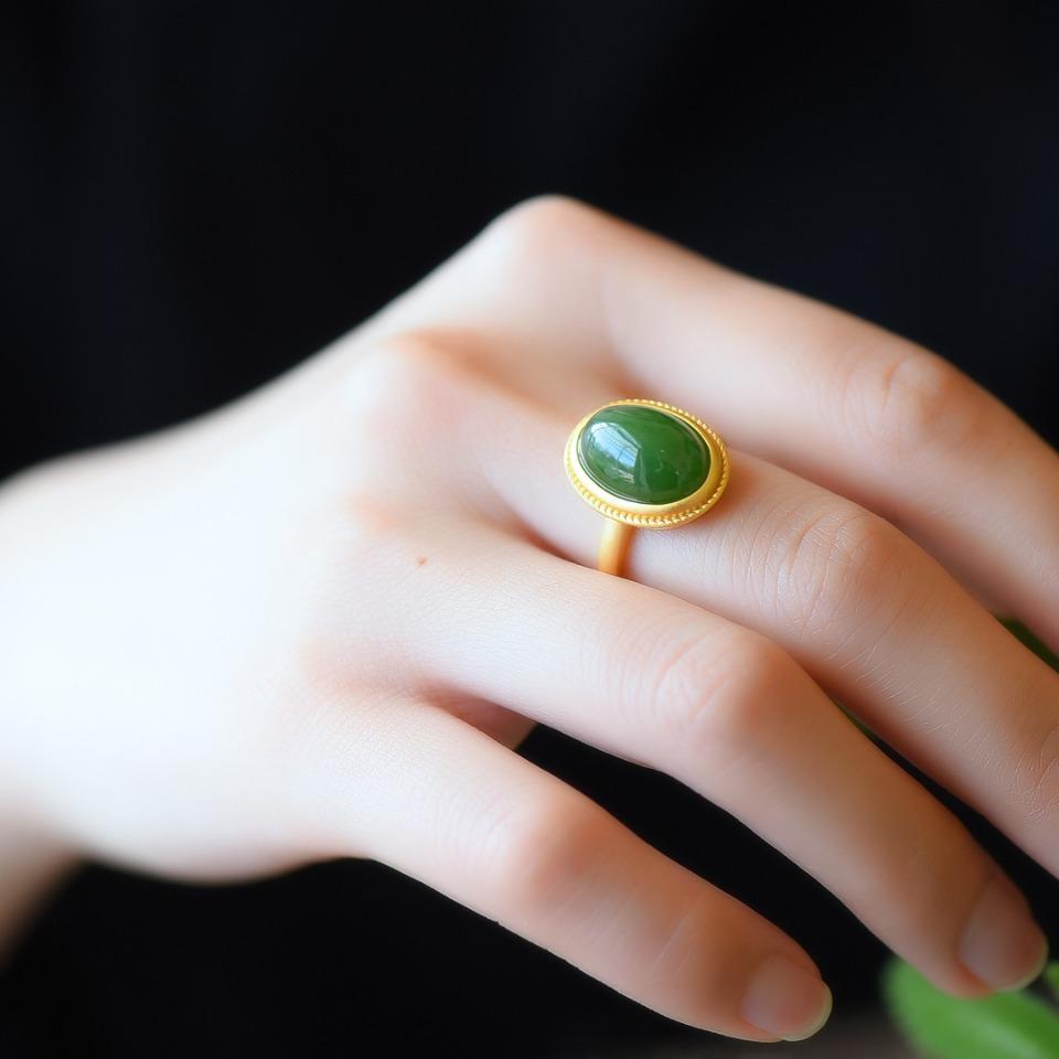 s925银古法金俄罗斯老料中国风厚金版爆款古法银镶和田玉碧玉戒指