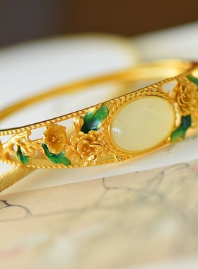 s925纯银镶天然和田玉十二月花神手镯女手环银镯子古风汉服配饰