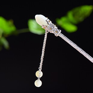 S925银镶嵌和田玉玉兰花发簪长款发钗龙尾簪子凤尾簪子3121