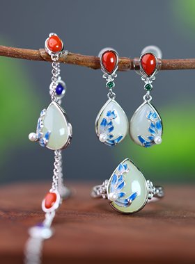 S925 银镶嵌和田玉水滴珐琅套装