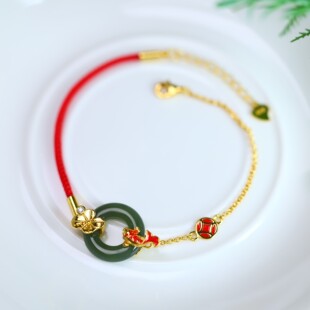 S925银镶嵌和田玉平安环珐琅莲年有鱼配锆石手链8291Q-2#