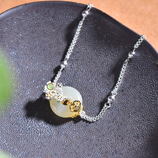 S925银镶嵌和田玉平安环白加绿配锆石手链