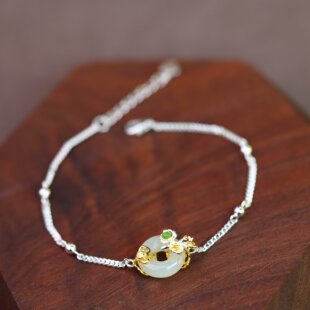 S925银镶嵌和田玉平安环白加绿配锆石手链