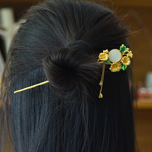 925银镶嵌和田玉平面珐琅吉祥花流苏发簪3068