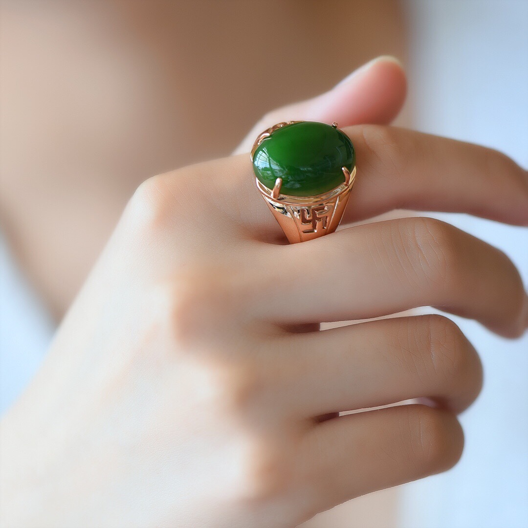 s925银镀玫瑰金镶嵌天然和田玉碧玉蛋面戒指宽戒面男女款手饰指环