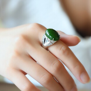 天然碧玉椭圆蛋面戒指s925银大号镶钻个性设计霸气男女款指环潮流