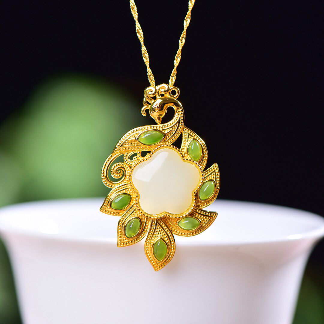 S925银镶嵌和田玉孔雀套装吊坠耳坠戒指三件套耳环玉坠女款26835