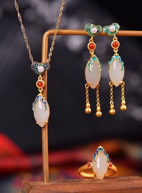 天然和田玉马眼吊坠耳坠戒指s925银镶嵌白玉复古琳琅气质三件套装