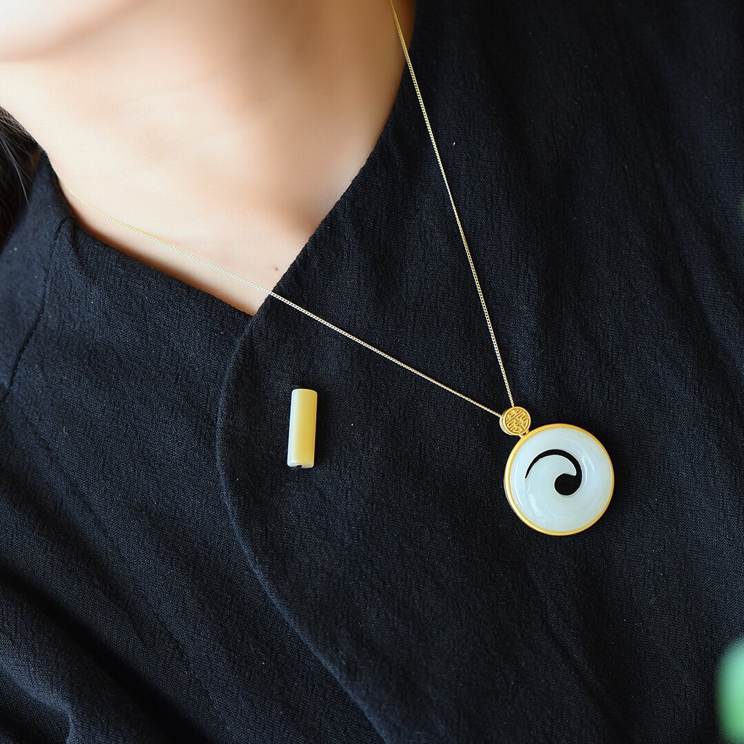 S925古法银镶嵌和田玉时来运转吊坠白玉古风古玉螺旋图案6932