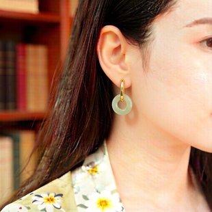 S925银镶嵌和田玉平安环耳扣耳坠简约耳饰精美女款 国潮耳环5244