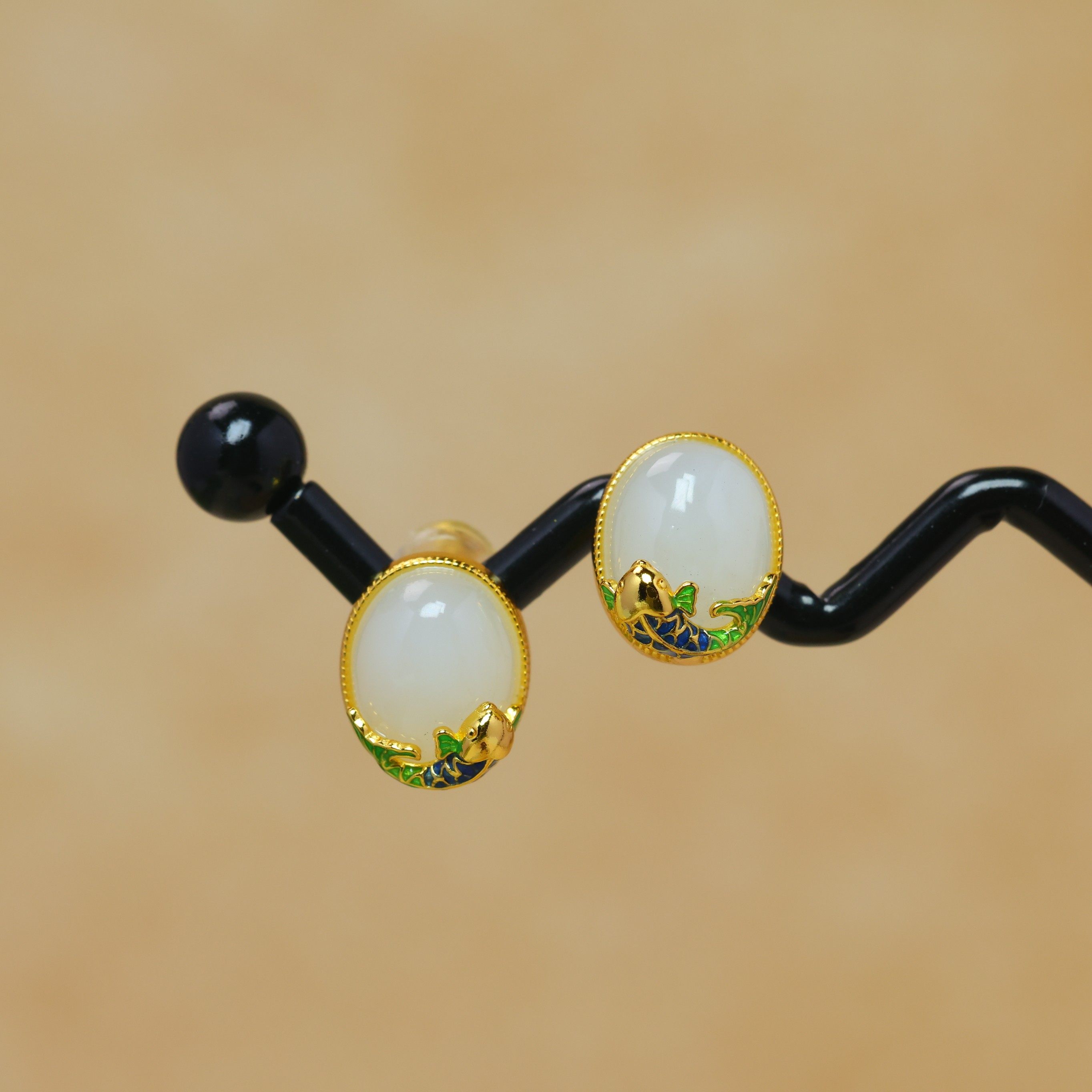 s925银镶和田玉蛋面珐琅年年有鱼耳钉,珠宝/钻石/翡翠,耳饰,淘宝优惠券,粉丝福利购,淘宝优惠卷